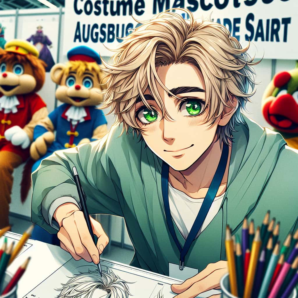 imagine in anime seraph of the end like look showing an anime boy with messy blond hair and green eyes working in kostuem walkacts fuer die augsburger messe