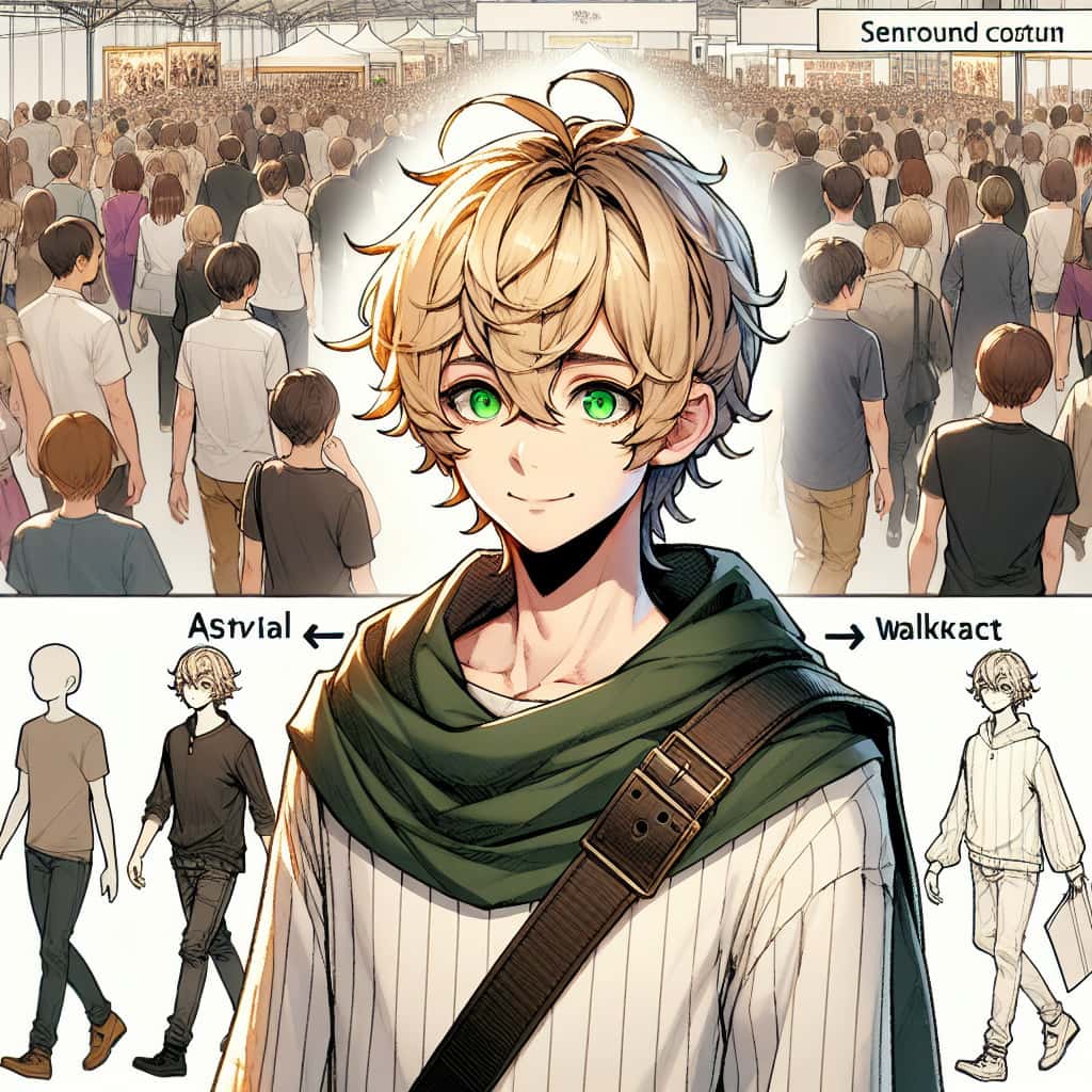 imagine in anime seraph of the end like look showing an anime boy with messy blond hair and green eyes working in kostuem walkacts fuer die berner messe
